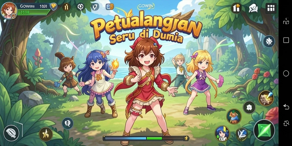 Tangkapan layar GOWIN menampilkan aksi seru dalam dunia anime yang kaya.