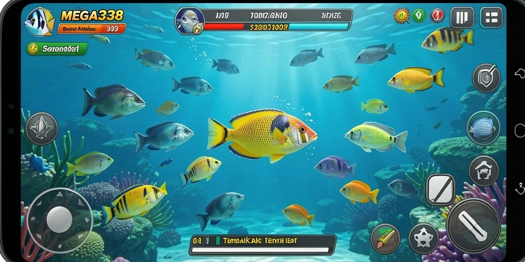 Screenshot gameplay MEGA338 menunjukkan aksi seru menangkap ikan.